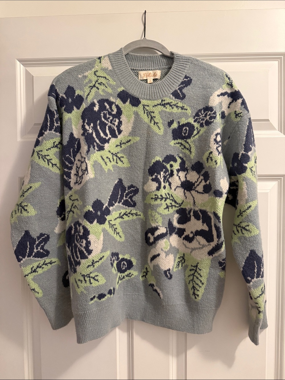 Listicle Floral Crewneck Sweater - Light Blue, Navy & Lime